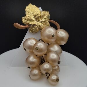 Vintage Gold Tone Brass Leaf and Faux Pearl Cluster Brooch